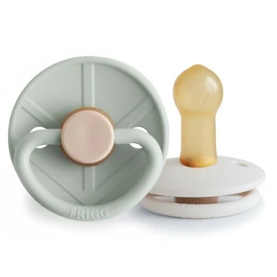 Image of FRIGG Little Viking Latex Pacifier Pack of 2 Pacifiers Natural Rubber Soother Dummy BPA Free Made in Denmark Symmetrical Cherry Shaped Nipple (Sage/Cream, Size (6 18 Months))