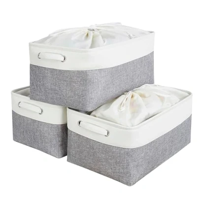 Image of Mangata Jumbo Canvas Storage Box 3 Pack, Fabric Basket with Handles &amp; drawstring for Cupboards, Shelves, Clothes, Toys (Extra Large, Foldable, Grey White)