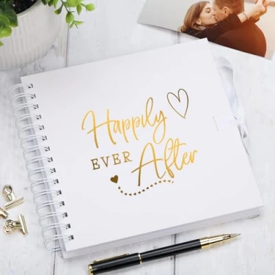 Image of Happily Ever After White Wedding Guest book Scrapbook Photo album Gold Script