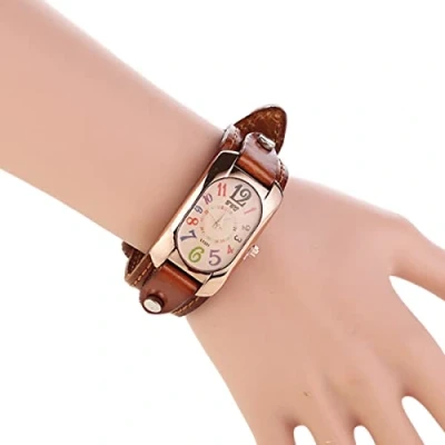 Image of Vintage Leather Quartz Stone Women&#039;s Watch, Strap Ladies Genuine Rectangle Digital Watch (Light Coffee)