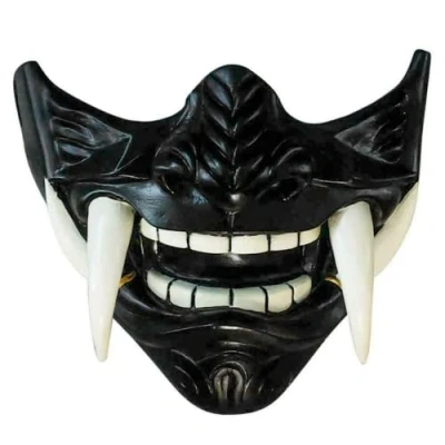 Image of asky Japanese Hannya Mask Demon Oni Samurai Noh Kabuki Prajna Devil Half Face Cosplay (Black), M