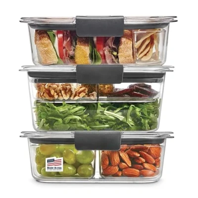 Image of Rubbermaid 2108371 Leak Proof Brilliance Food Storage 12 Piece Plastic Containers with Lids Bento Box Style Sandwich and Salad Lunch Kit, Clear, Grey