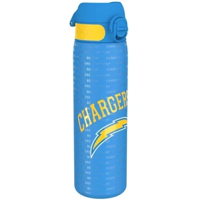 Image of Ion8 Steel Water Bottle, 600 ml/20 oz, Leak Proof, Easy to Open, Secure Lock, Dishwasher Safe, Flip Cover, Fits Cup Holders, Carry Handle, Durable, Metal Raised Print, NFL Chargers