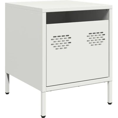 Image of vidaXL white steel bedside table/nightstand with drawer, modern industrial style, 35x39x43.5 cm, versatile side cabinet for various rooms, metal build.