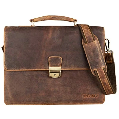 Image of STILORD &#039;Rion&#039; Classic Leather Briefcase Small Portfolio Men &amp; Women Design Satchel Business Work Bag for and Genuine Leather, Colour:Middle Brown