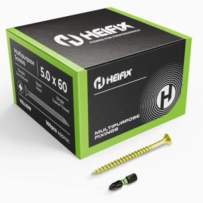 Image of Heifix Multi Purpose Wood Screws Box Pozi Double Countersunk (QTY 100, 5mm x 60mm) FREE Screw Bit Included