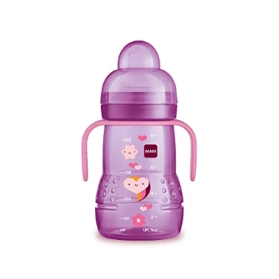 Image of MAM Plastic Trainer Cup (1 Count), 8 oz. Drinking with Extra Soft Spout, Spill Free Nipple, and Non Slip Handles, for Girls 4+ Months, Designs May Vary