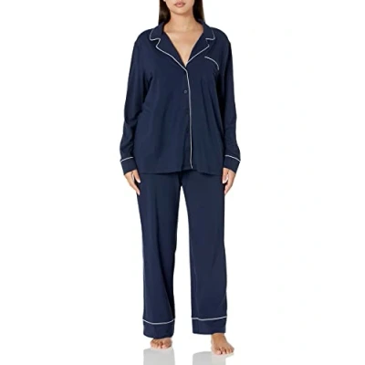 Image of Amazon Essentials Women&#039;s Cotton Modal Long Sleeve Shirt and Full Length Bottom Pyjama Set, Navy, 4XL Plus