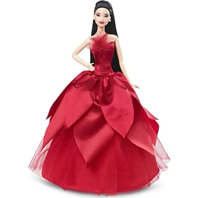 Image of Barbie Signature 2022 Holiday Doll (Straight Black Hair) with Stand, Collectible Gift for Kids Ages 6 Years Old and Up