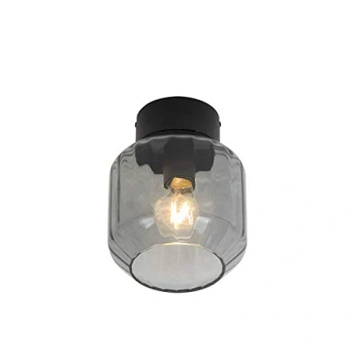 Image of Qazqa Modern Ceiling Lamp I Flush Light Black with Smoke Glass Stiklo Suitable for LED E27 1 Living Room Kitchen Bedroo