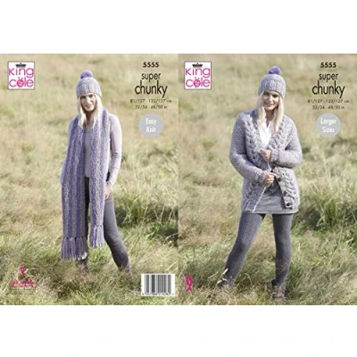 Image of King Cole 5555 Knitting Pattern Womens Cable Cardigan Scarf and Hat in Super Chunky