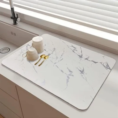 Image of SOQKEEN Dish Drying Mat, 16&quot;x12&quot; Kitchen Mat Super Absorbent Hide Stain Draining with Non Slip Rubber Backed, Quick for Sink Coffee Machine Rack Marble Worktop