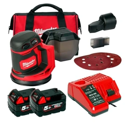 Image of Milwaukee 4933464229 M18BOS125 502B Cordless Orbital Sander M18 BOS 125 18 V 2 x 5.0 Ah Charger in Tool Bag