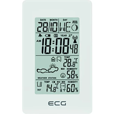 Image of ECG MS 100 Weather Station with Wireless Sensor up to 30 m Distance, Thermometer, Hygrometer, Forecast for the Next 24 Hours in 4 Modes, Time, Alarm Clock, White, White