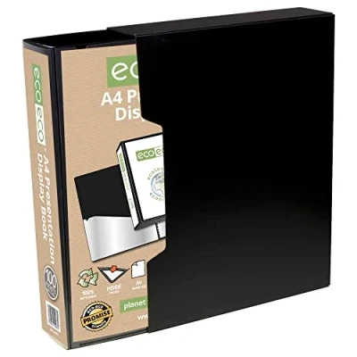 Image of eco A4 Size 50% Recycled 100 Pocket Black Presentation Display Book, Storage Case Portfolio Art Folder with Plastic Sleeves Box