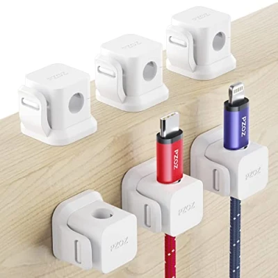 Image of PZOZ 6 Pack Cable Clips Tidy Management Cord Organiser Holder Self Adhesive Desk Wire for Phone Charging Home Office (White)