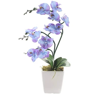 Image of YSZL 15&quot; Tall Artificial Silk Phalaenopsis Orchid Flower Plant Pot Arrangements (Purple Blue)
