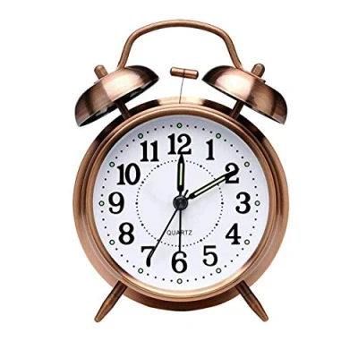 Image of Retro Alarm Clock, Old Fashioned Bedside Clock with Non Ticking Twin Bell, Vintage Battery Operated Analogue Quartz Loud Night Light for Bedroom Brown