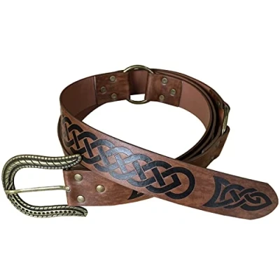 Image of HiiFeuer Nordic Embossed Buckle Belt, Retro Medieval Faux Letaher Knight LARP Cosplay Halloween (Brown B)