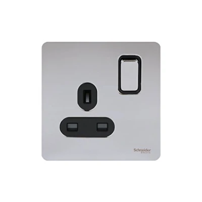 Image of Schneider Electric Ultimate Screwless Flat Plate Switched Single Power Socket, 13A, GU3410BPC, Polished Chrome with Black Insert
