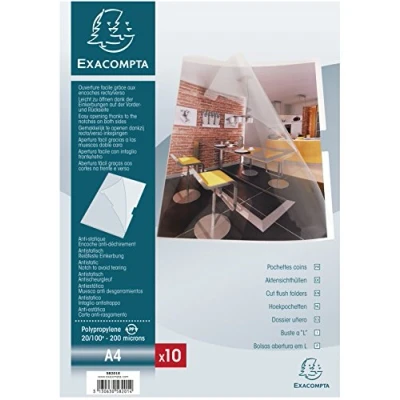 Image of Exacompta Ref 58201E PP Rigid Cut Flush Pockets Suitable for A4 Documents, Polypropylene Material, Top &amp; Side Openings Clear (Pack of 10)