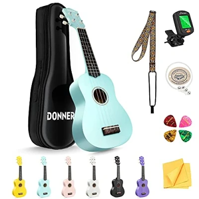 Image of Donner Soprano Ukulele for Beginner Ukelele with Free Online Lesson Bag Strap String Tuner Pick Cloth, DMU 01 21 Inch Matte ukalalee Bundle Kit Macaron Series Green