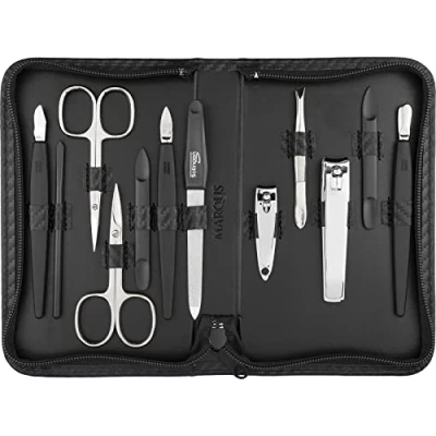 Image of Manicure set 12 Piece professional pedicure tools German Made nail kit Grooming faux leather case in carbon look Ideal travel Incl. cutter