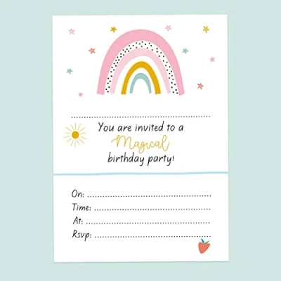 Image of Dotty about Paper Kids Birthday Invitations Chasing Rainbows Pack of 10. Party Invites, Party, Little Girl Invites. (3182)