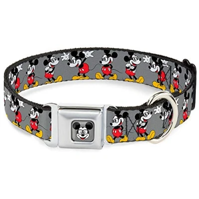 Image of Buckle Down Dog Collar Seatbelt Mickey Mouse Glasses Poses Gray 16 to 23 Inches 1.5 Inch Wide