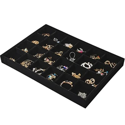 Image of Catime 24 Grids Velvet Jewellery Tray for Drawers, Stackable Jewelry Storage Organiser, Removable Display Trays Ring Bracelet Earring Necklace, 35x24x3cm (Black)