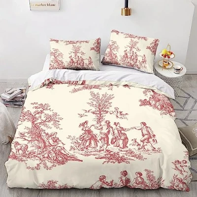Image of LENTLY Motif of Toile De Jouy Bedding Set Duvet Cover Soft Microfiber Quilt with 3D Print Design for Kids Teenagers Adult 3 Piece Zipper Closure Double（200x200cm）