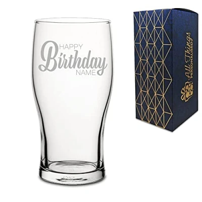 Image of Personalised Engraved Pint Glass with Happy Birthday Name Design, Gift Boxed, Personalise Any