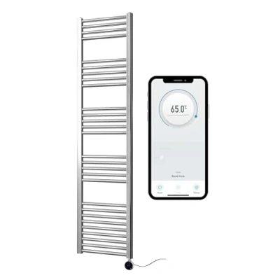 Image of Greened House Chrome Electric Smart WiFi Controlled Heated Towel Rail 400mm W x 1600mm H Flat 7 Day Programmable Timer App Compatibility