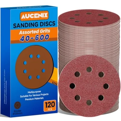 Image of Aucenix 120PCS 125mm Sanding Discs: 8 Holes (40/60/80/120/150/180/240/320/400/600) Assorted Grits Pads Hook and Loop Sandpaper Sheets for Random Orbital Sander Wall Metal Wood