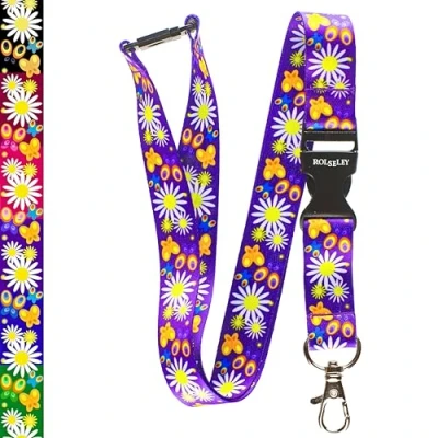 Image of Rolseley Multicolour Lanyard Neck Strap with Floral Daisies Violet Pattern Safety Breakaway (1 Purple)