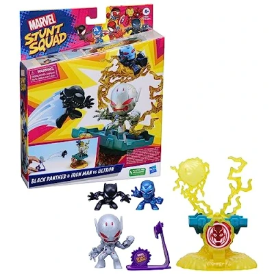 Image of Hasbro Marvel Stunt Squad Villain Knockdown Playset Black Panther &amp; Ironman vs Ultron F7834