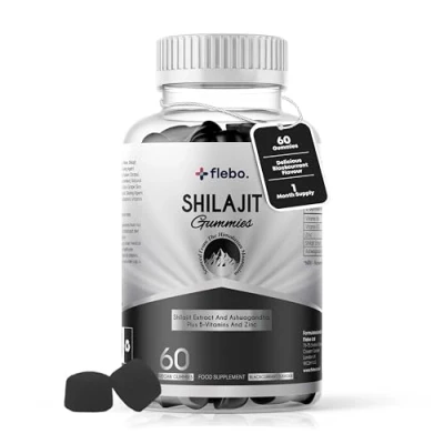 Image of Flebo Pure Himalayan Shilajit Gummies Formulated with Ashwagandha and Zinc 50% Fulvic Acid 60 Two A Day Blackcurrant Flavour Energy, Stress Relief Immune Support. Vegan Halal