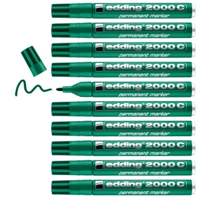 Image of edding 2000 C permanent marker green box of 10 round nib 1.5 3 mm quick drying markers waterproof, smudge proof for cardboard, plastic, wood, metal, fabric pen