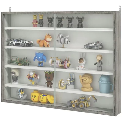 Image of HOMCOM 5 Tier Wall Display Shelf Unit Cabinet w/ 4 Adjustable Shelves Glass Doors Home Office Ornaments 60x80cm Grey Wood Grain