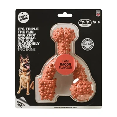 Image of TastyBone TrioBone Nylon Dog Chew Toy for Large Dogs (Bacon) Indestructible Aggressive Chewers, Everlasting Flavour, Strong Healthy Teeth, Made in the UK