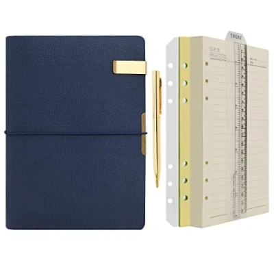 Image of WONDERPOOL A6 Leather Diary Lined Paper Notebook &amp; Pen Refillable 6 Ring Binder Writing Spiral Journal for Office Travel Work and Plan Agenda (b Blue, A5)