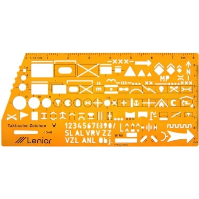 Image of Leniar Military Map Marking Stencil Series 1 Orange Transparent Plastic with Alpha Numerical Symbols, Ruler (cm/mm), 1:50,000 Measuring Scale Adult
