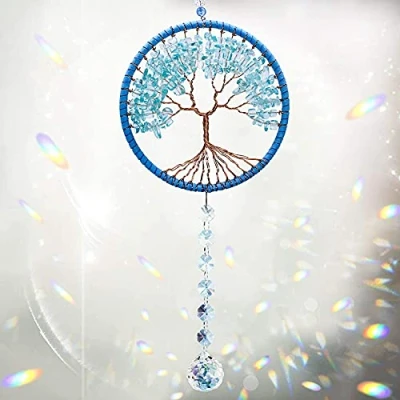Image of Cosylove Suncatcher Crystal Tree of Life Pendant Car Hanging Mirror Crystals Ornament Prism Rainbow Window Garden Decoration Blue