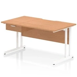 Image of Impulse 1400 x 800mm Scalloped Edge Straight Office Desk Oak Top White Cantilever Leg Workstation 1 Drawer Fixed Pedestal