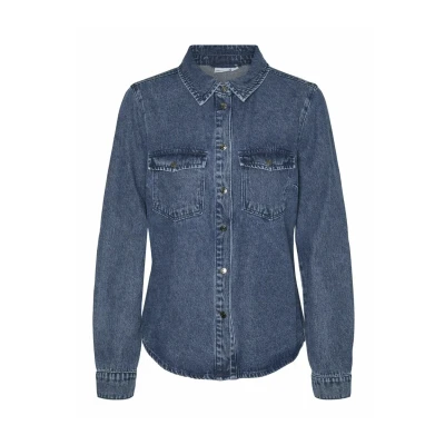 Image of VERO MODA Women&#039;s Vmjennie Ls Shirt Mix Noos, Medium Blue (Medium Denim), XS