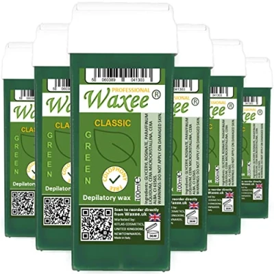 Image of roll on wax CARTRIDGE 100ml, roller, hair removal wax, depilatory, refill (6 x 100ml cartridge, Green)