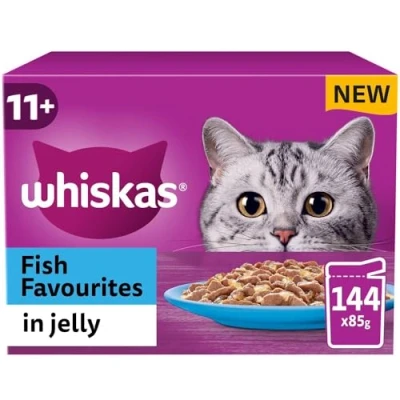 Image of Whiskas 11+ Senior, Fish Favourites in Jelly, 144 x 85g Pouches, Wet Cat Food