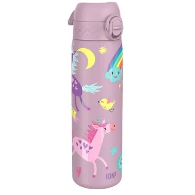 Image of Ion8 Steel Water Bottle, 600 ml/20 oz, Leak Proof, Easy to Open, Secure Lock, Dishwasher Safe, Flip Cover, Fits Cup Holders, Carry Handle, Durable, Metal Raised Print, Unicorns Design