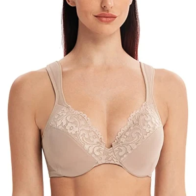 Image of MELENECA Women&#039;s Full Coverage Minimizer Plus Size Lace Underwire Bra Cushion Strap Beige 46E