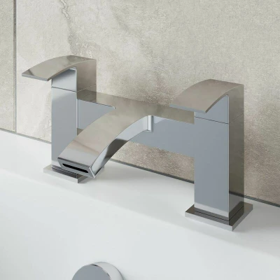 Image of Modern Bathroom Bath Mixer Filler Tap Curved Spout Square Lever Handles Chrome